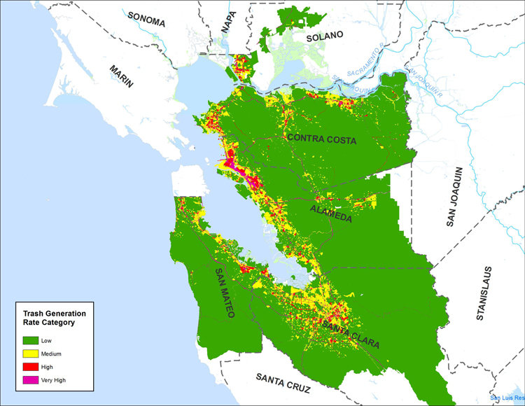 Areas generating the most trash in the Bay Area are residential and retail sections of low-income, urban neighborhoods, as shown on this draft map. Credit: Chris Sommers, EOA, Inc.