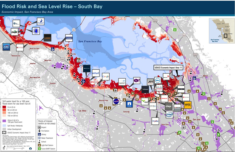 Many of Silicon Valley’s largest companies are located just a few miles from the Bay shoreline—and will be underwater in a few decades if additional flood protection measures aren’t taken. Map by GreenInfo.org, with support from Resources Legacy Fund, 2012