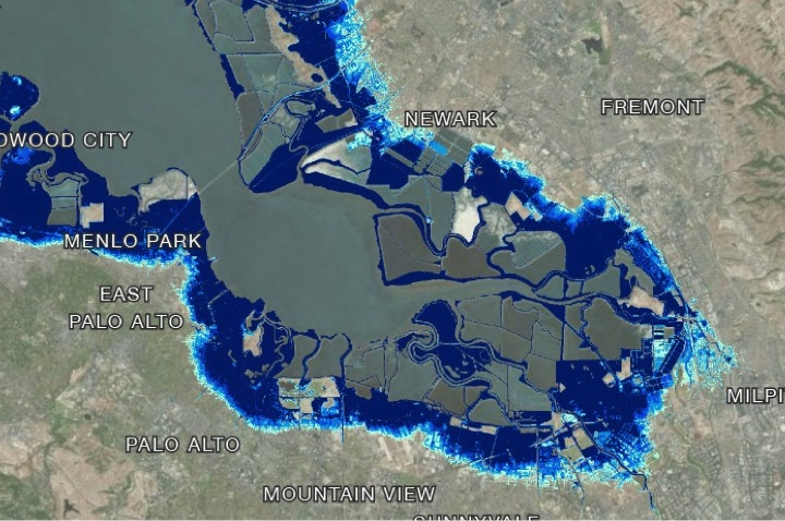 Most built shorelines in the South Bay are protected from inundation only by substandard levees or fledgling wetlands, with some areas already below sea level due to groundwater extraction. Credit: BCDC and Noah Knowles, USGS