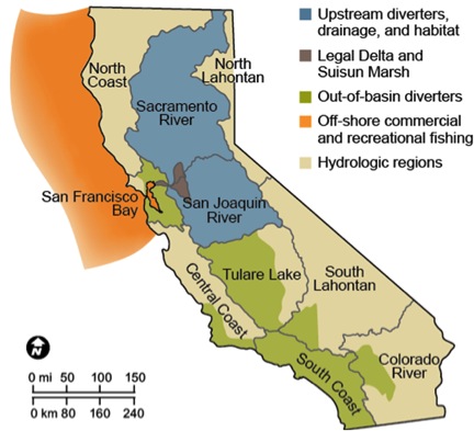 Most Californians rely on Delta resources, giving the majority of the state’s population a stake in its fate. [Credit: Hanak et al. 2013, Stress Relief: Prescriptions for a Healthier Delta Ecosystem, PPIC 