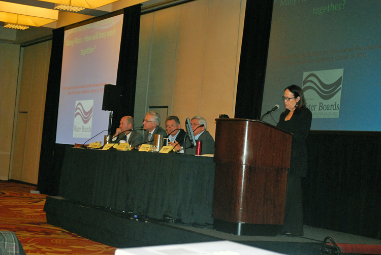 Felicia Marcus (at the podium) manages the One Estuary, Many Plans panel. From left to right, Bonham, Cowin, Knopp, Machado. Image credit: SFEP 