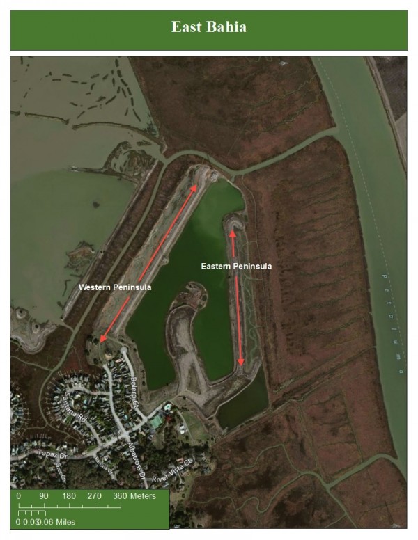 Figure 2: This is the East Bahia Marsh. The project area is indicated by the two red arrows labeled east and west peninsula. Surrounding this project site, you will see restored wetland, housing developments, and the Petaluma river to the East.