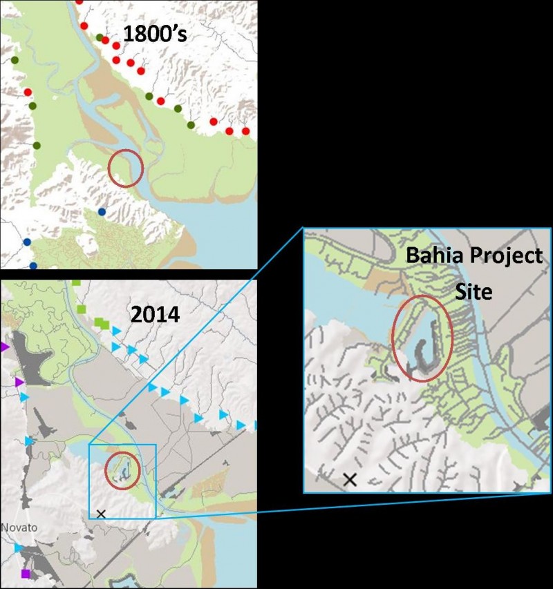 3 maps. First 1800's showing wetlands. Second 2014 showing current day wetlands. Third, showing the expanded Eastern Bahia project site