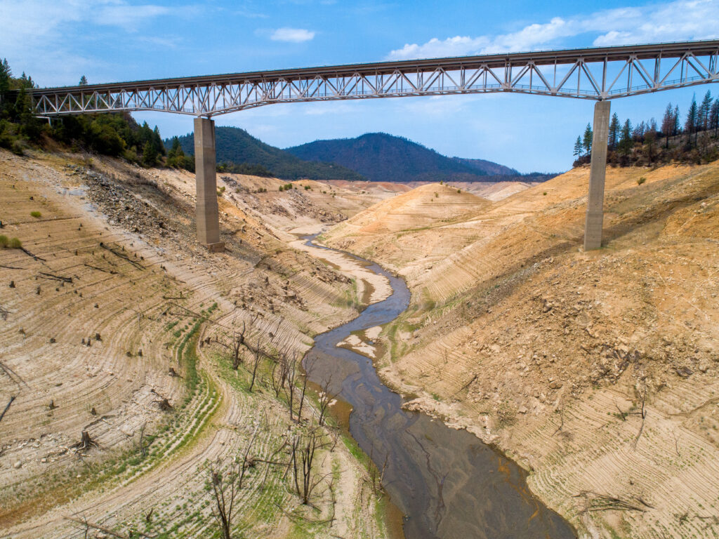 With water use conflicts and drought deepening year-by-year now (Lake Oroville in July 2021), reservoir releases to maintain environmental flows will be harder and harder to secure. Photo: Kelly M. Grow, DWR