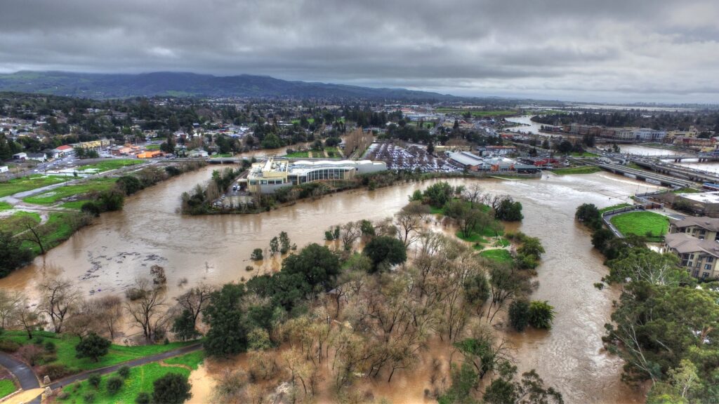 One of the most ambitious and habitat-friendly flood control projects in the region to date created much more space for water to spread out from the Napa River. The project has performed admirably in subsequent storms, including recent deluges like the one pictured here in 2017. Photo: Napa RCD
